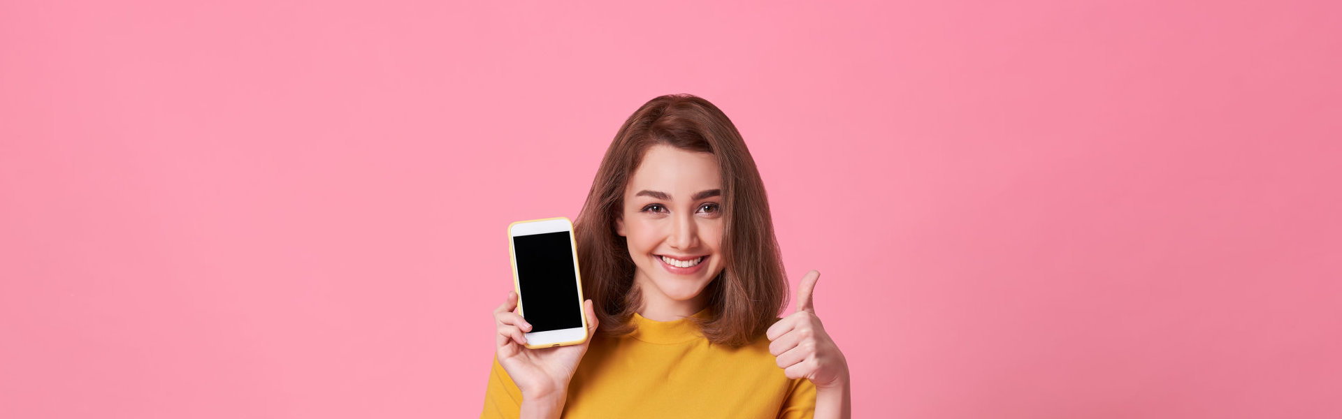 happy woman holding cellphone