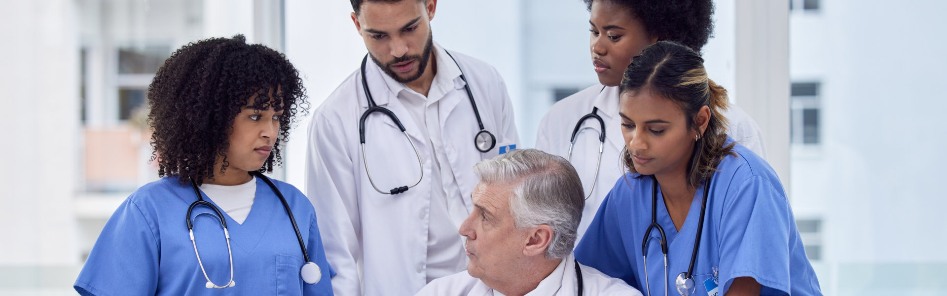 Doctors, nurses or laptop in hospital training, learning or workshop for medicine treatment