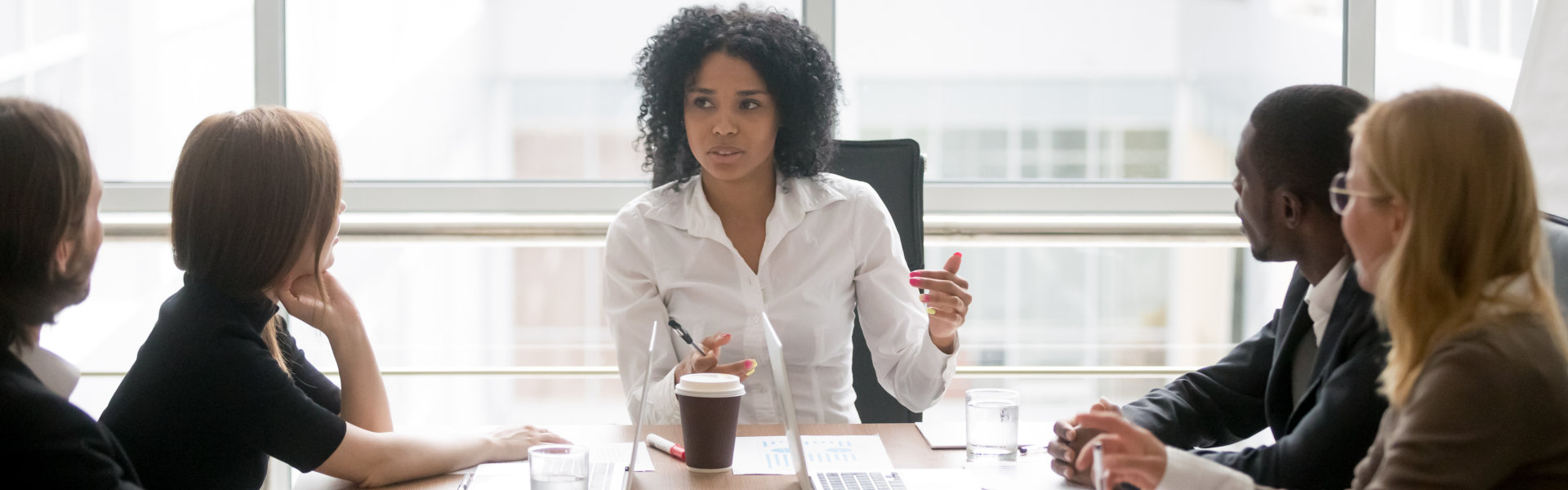 diverse client partners listens boss ceo team leader banner for website header design